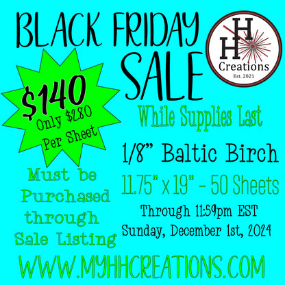 Flash Sale - 1/8" - B/BB - Baltic Birch Plywood 11.75" x 19" - $140