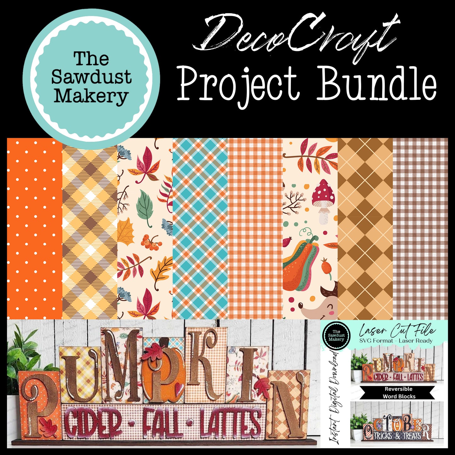 DecoCraft - The Sawdust Makery- Project Bundle - Pumpkin Word Block - 8 Sheets