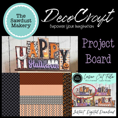 DecoCraft - The Sawdust Makery- Project Board - Happy Halloween 5 letter Mini Word Block