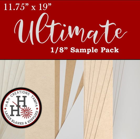 LOCAL PICK UP ONLY - Ultimate 1/8" Sample Pack - 11.75" x 19" - Baltic Birch, Slick MDF, White MDF, Raw MDF, Double Sided White MDF - 4 Sheets Each Total 20 Sheets